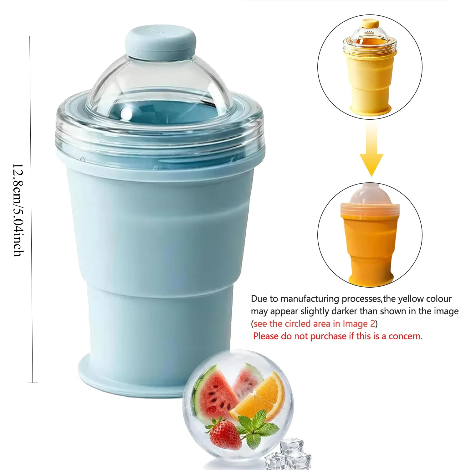 2-in-1 Collapsible Silicone Ice Ball Cup with Straw Lid, Reusable Ice Sphere Mold for Coffee Juice