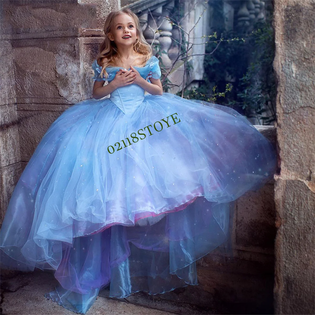 Treasure Blue Shiny Tulle Butterfly Decoration Off Shoulder Flower Girl Dress Wedding Flower Child Sacrament Prom Dress