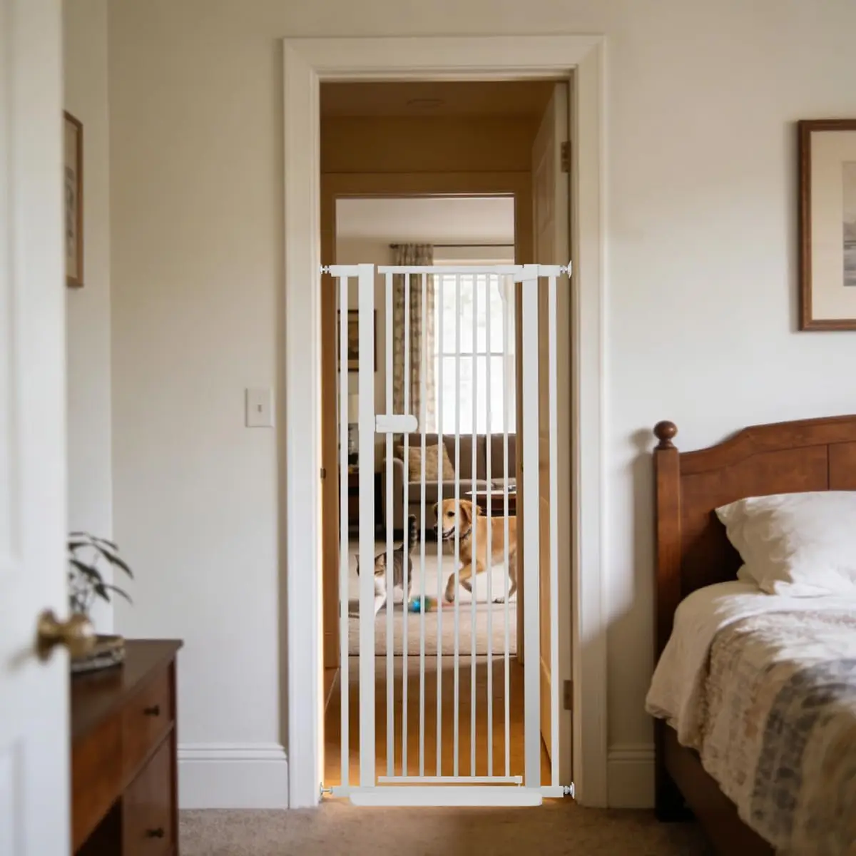 

Extra Tall Pet Gate 55.12" High Pressure Mounted Adjustable Width Auto-Close One-Handed Operation No Drilling White