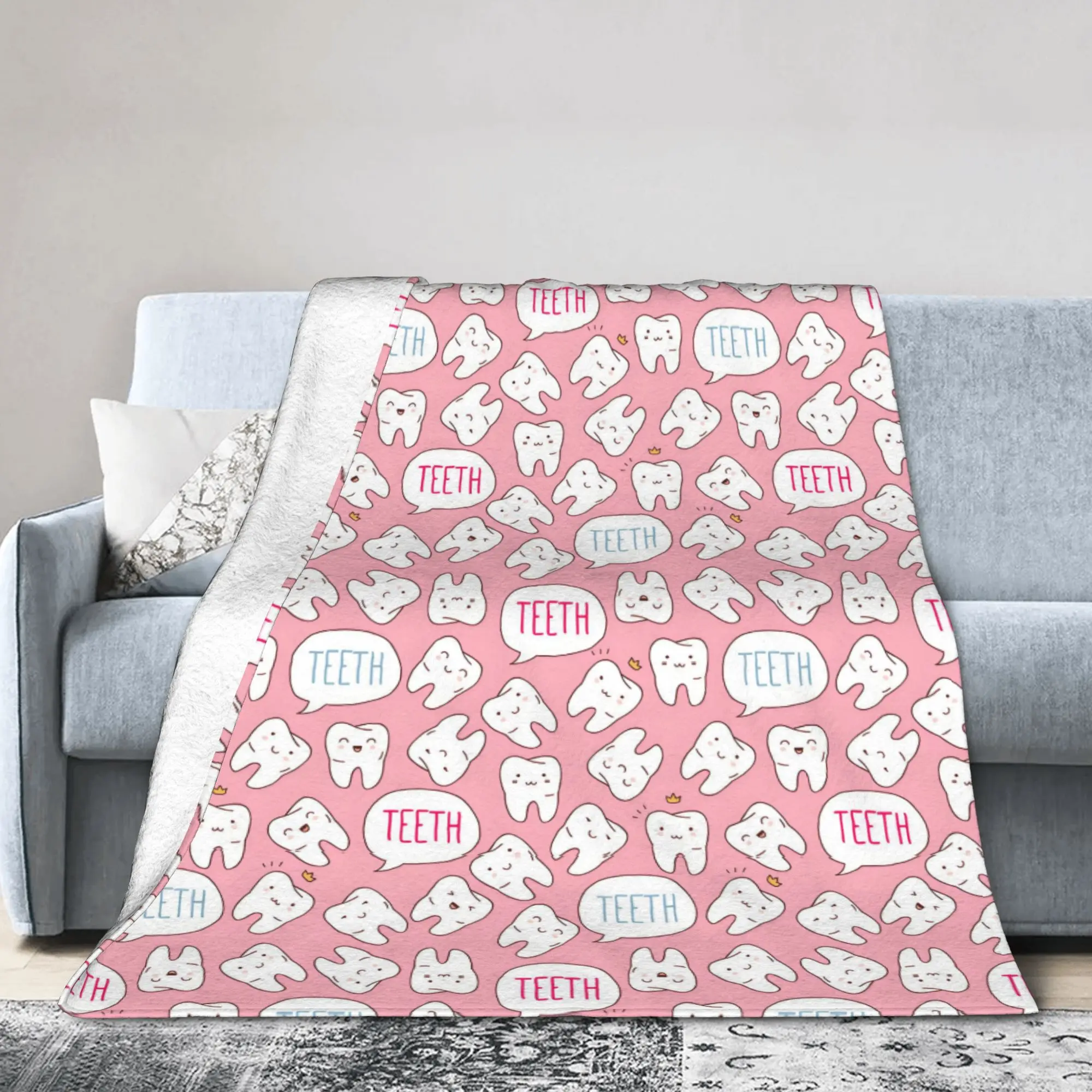 Custom Healthy Teeth Pattern Tooth Blanket Soft Flannel Fleece Warm Care Dental Health Throw Blankets for Car Bedding Sofa Quilt