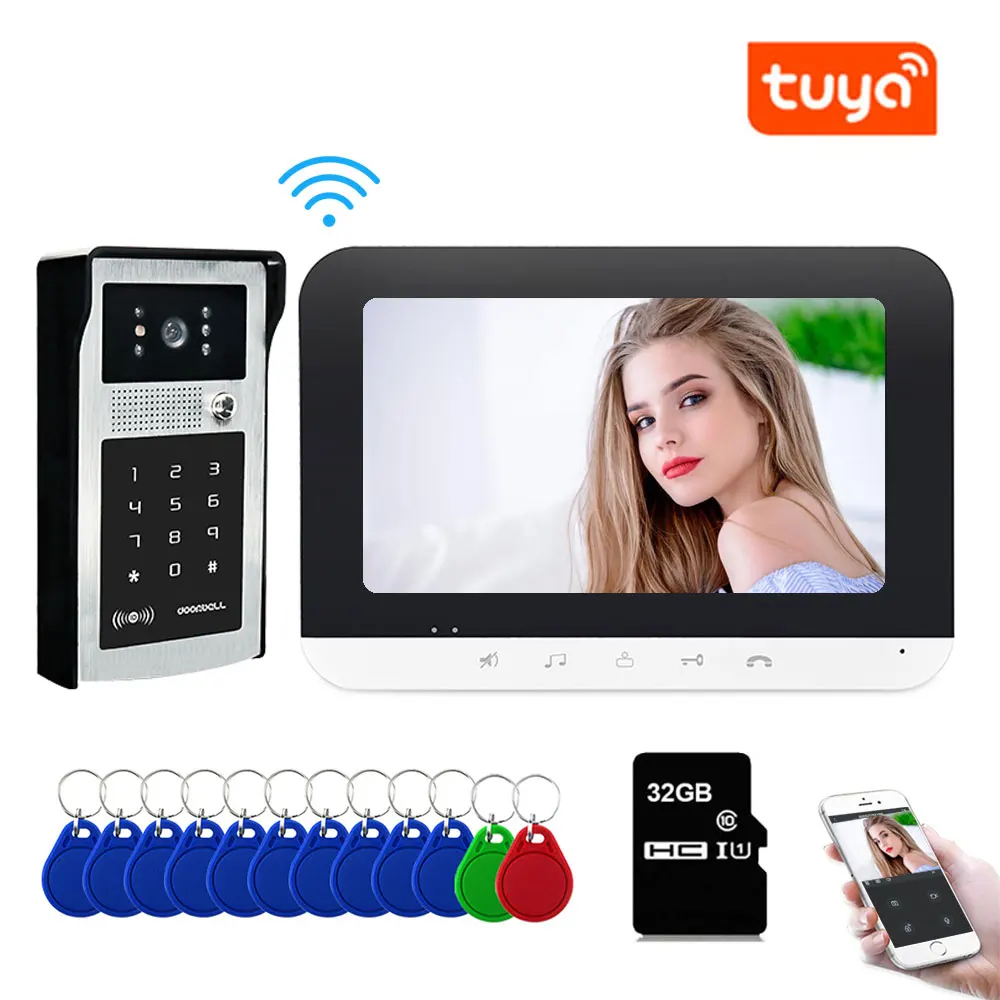 Smart Tuya WiFi 7inch Video Doorbell Waterproof Outdoor Door bell Intercom System Door Phone Camera With ID Card Key Password