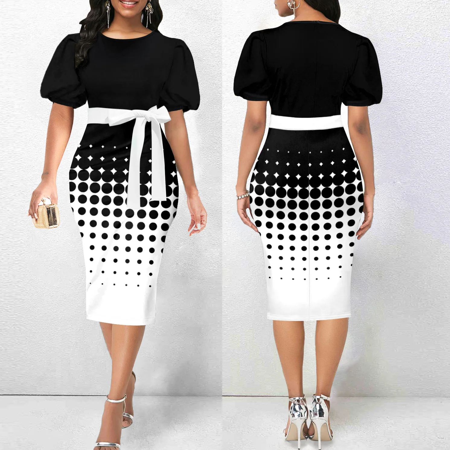 Feminino elegante cintura alta em torno do pescoço lanterna manga vestido impresso elegante estilo europeu e americano