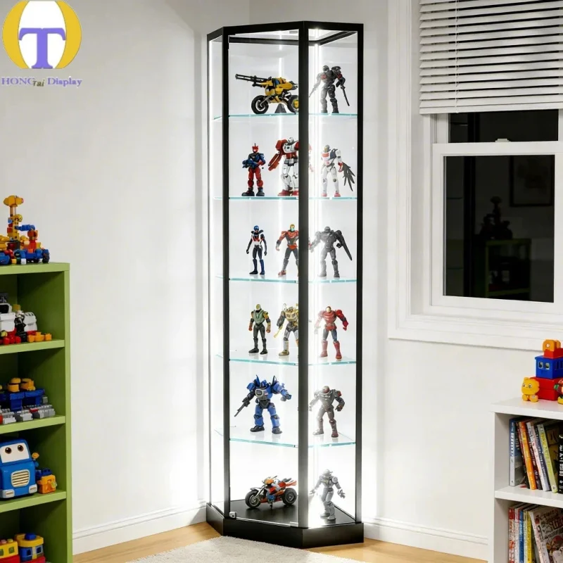 custom.HongTai Customized Aluminum Frame Recyclable Hexagon Floor Standing Corner Display Showcase With Lock Step S