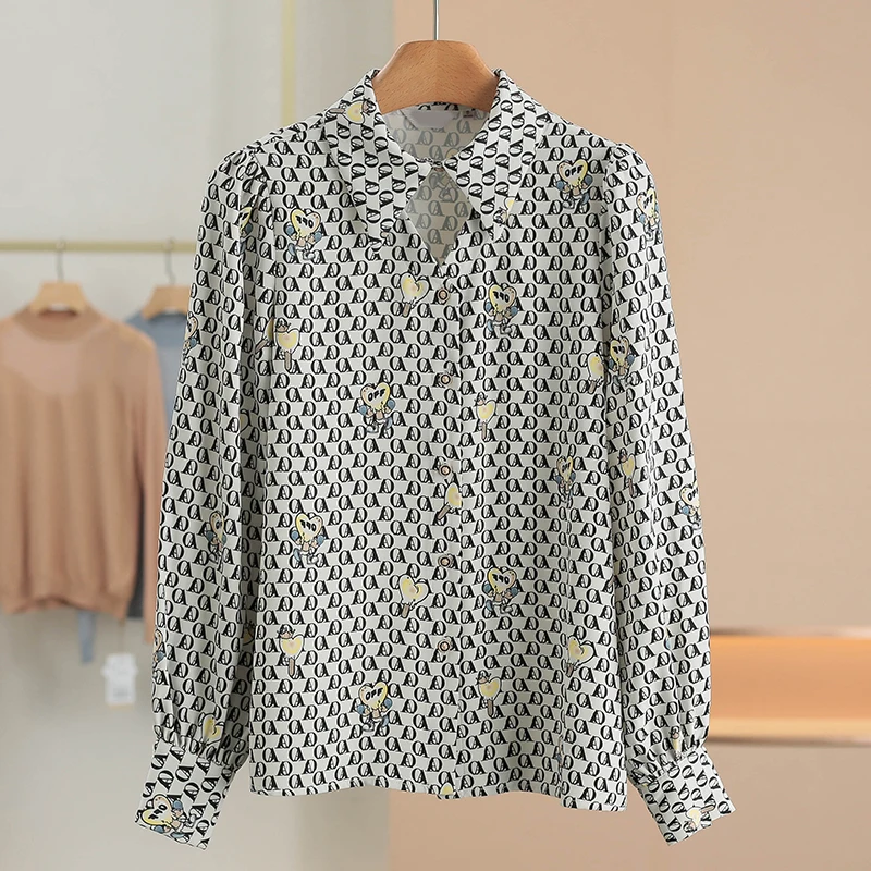 

XKing Casual Printed Letter Polyester Shirt Women's Spring New Arrival Drapey Collared Long Sleeve Breathable Regular Fit