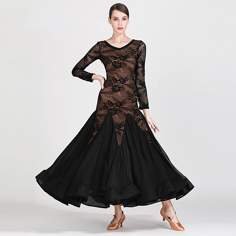 Adult Black Red Lace Standard Ballroom Dance Romantic Big Swing Skirt Girls Waltz Tango Galop Moden Competition Long Dress