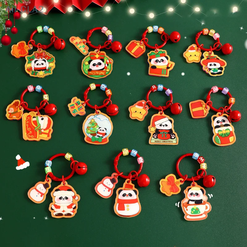 Sweet Creative Christmas Panda Acrylic Keychains Cute Car Keyring For Women Girls Earphone Case Charm Bag Decoration Accessories