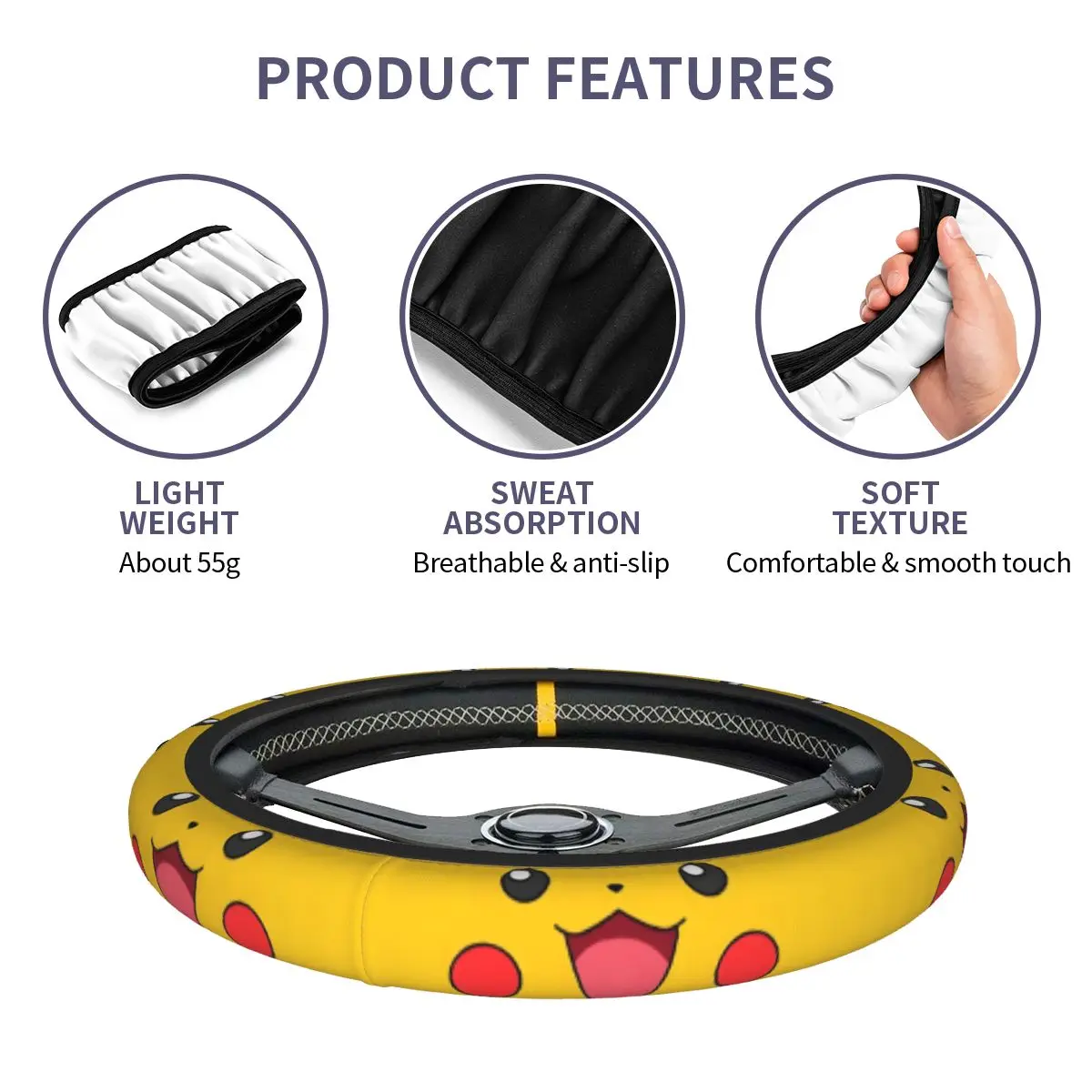 B-Bikachus Smile Steering Wheel Cover for Girls Breathable Kawaii Steering Wheel Protector Universal 15 inch Car Accessories view 6