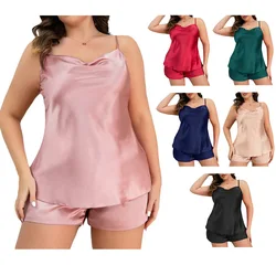 Oversize 3XL 4XL 5XL Suspender Pajamas Set Summer Female Pijamas Suit Pink Silk Satin Cami Shorts Sleepwear Loose Homewear