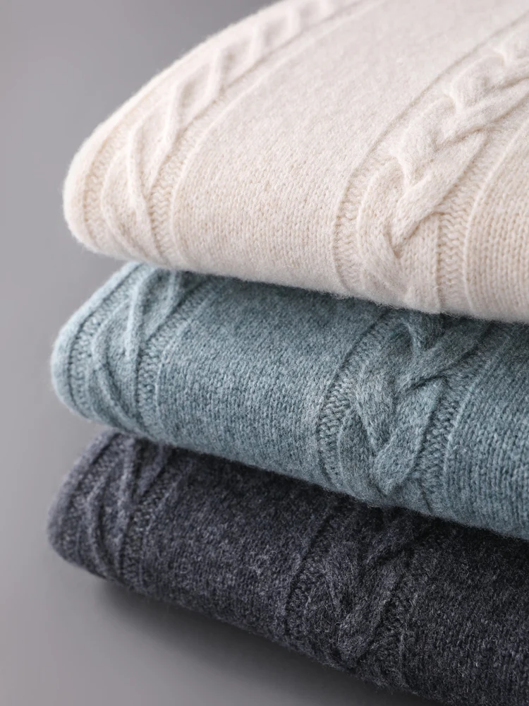 New Chic Men's 100% Merino Wool Knitted Sweater O-Neck Cable Stitch Pullover Autumn Winter Smart Casual Tops Soft Warm Clothing