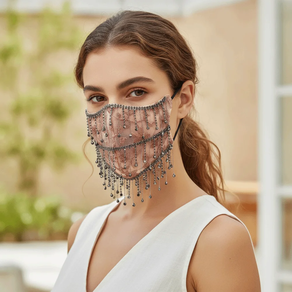 Elegant ademend bling gezichtsmasker met kwastjes, strass steentjes, mesh, zacht, stofdicht, dames sluiermasker, kostuum accessoire