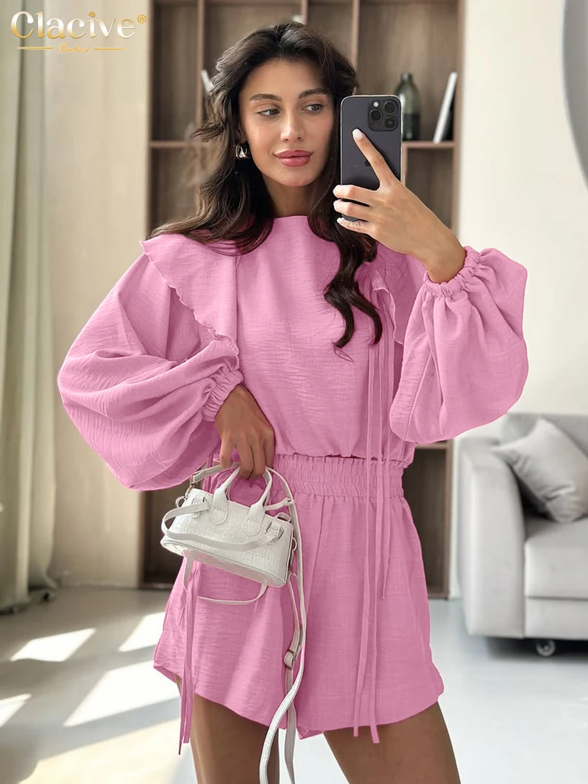 

Clacive Fashion Loose Pink 2 Piece Set Women 2025 Elegant Long Sleeve Ruffle Shirt With High Waist Shorts Set Female Clothing