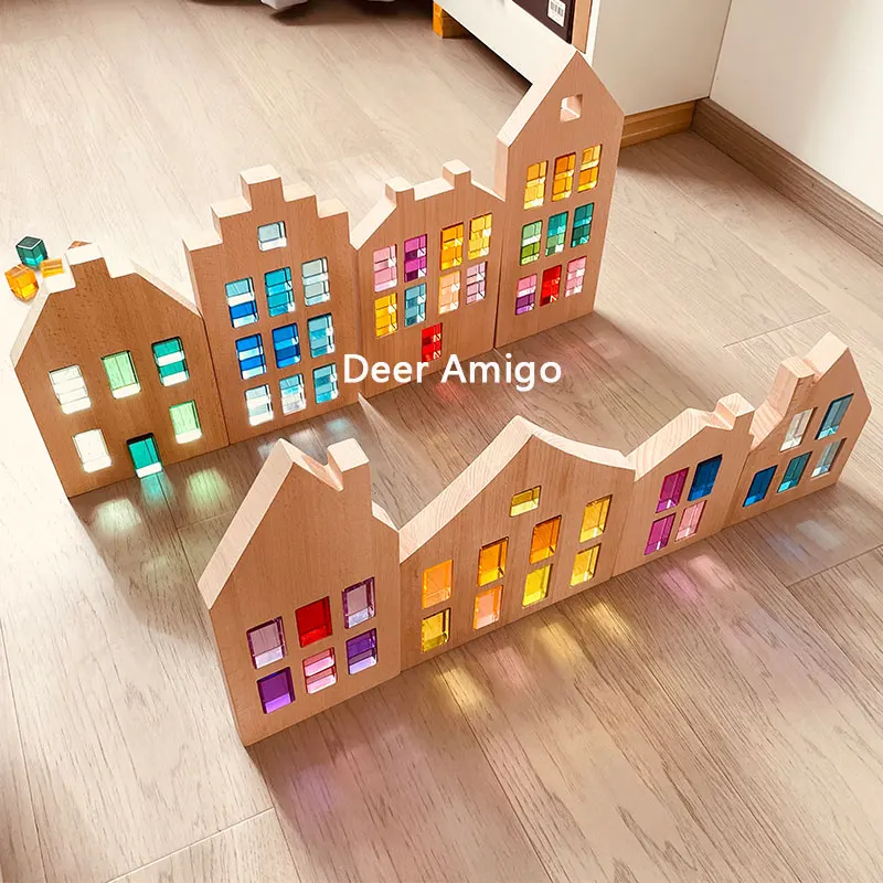 Gem and Lucite Blocks Lucent Wood Houses Acrylic Crystal Sparkling Stone Kids Open-ended Play Montessori Learning Color Toys