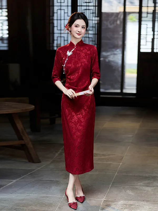 Red New Chinese Waist-Cut Long Sleeve Autumn Improved  Seven-Sleeve Women's Bride Drinking Ceremony Clothes Return Home