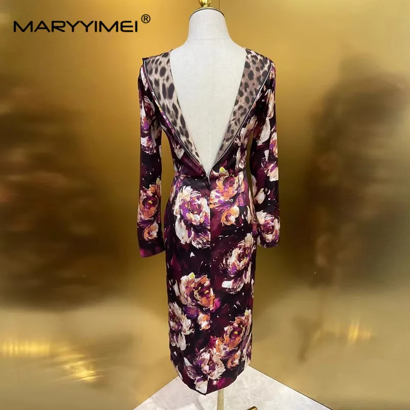 MARYYIMEI Fashion Women\'s 2024 Spring New Silk Round Neck Long-Sleeved Vintage Printed Wine Red Hip Wrap Split Pencil Dress