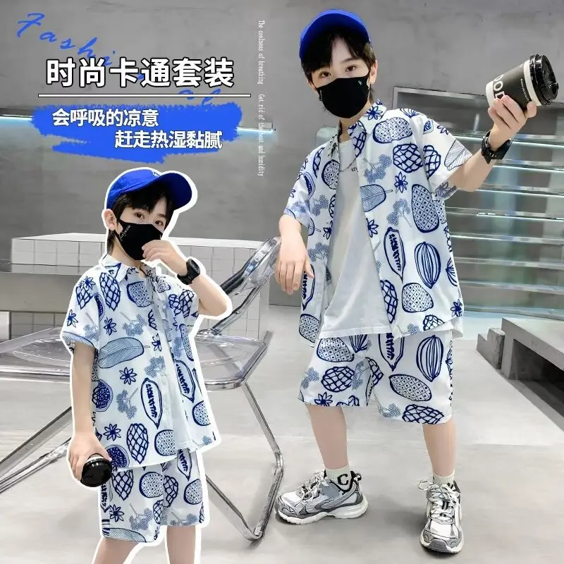 Boys' Short Sleeve Shirt Set2024New Trendy Internet Celebrity Big Kids Summer Outfit Stylish Children's Shirt and Shorts Two-Pie