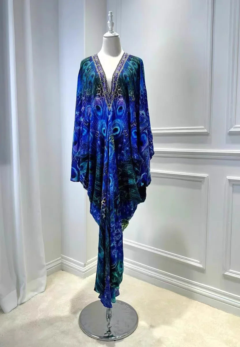 2024 Silk Dress V Neck Batwing Sleeves Blue Peacock Print Loose Long Step Dress