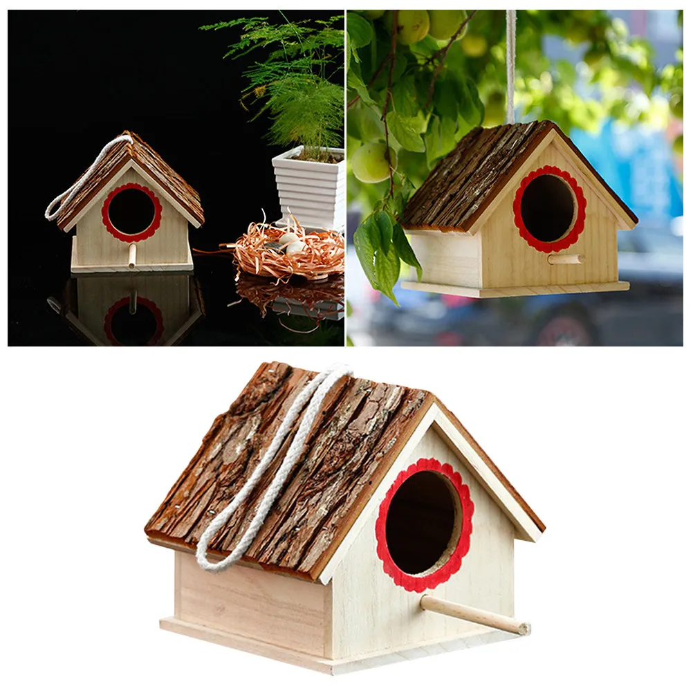 

Premium Birdcage Solid Wood Bird House Outdoor Decoration Natural Bark Roof Pet Bird Nest Hatching Box Breeding Helper