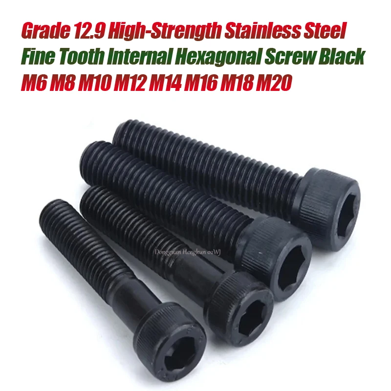 

2Pcs M6 M8 M10 M12~M20 Stainless Steel Fine Tooth Internal Hexagonal Screw Grade 12.9 Cylindrical Head Screw Black Cup Head Bolt