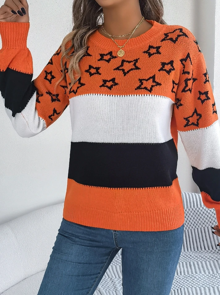 

Women Sweater Casual Color Blocked Star Hollow Lantern Sleeve Sweater Street Style Retro Temperament Commuting Sweater