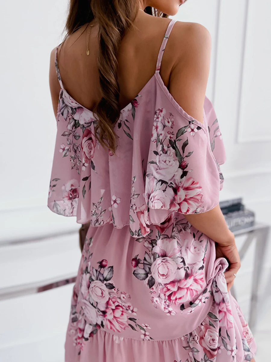 Gợi Cảm Dây Đeo Người Phụ Nữ ĐẦM MÙA HÈ Áo Voan Hoa In Lệch Vai Sundress Voan Chữ A Bãi Biển Boho Áo Vestidos