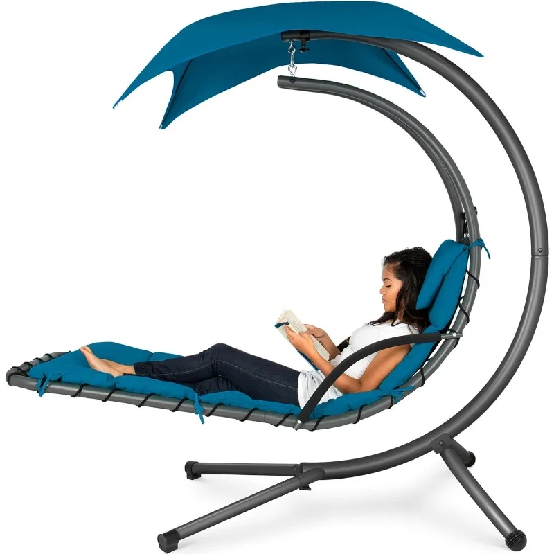 Outdoor Hanging Curved Steel Chaise Lounge Chair Swing w/Built-in Pillow and Removable Canopy - Peacock Blue