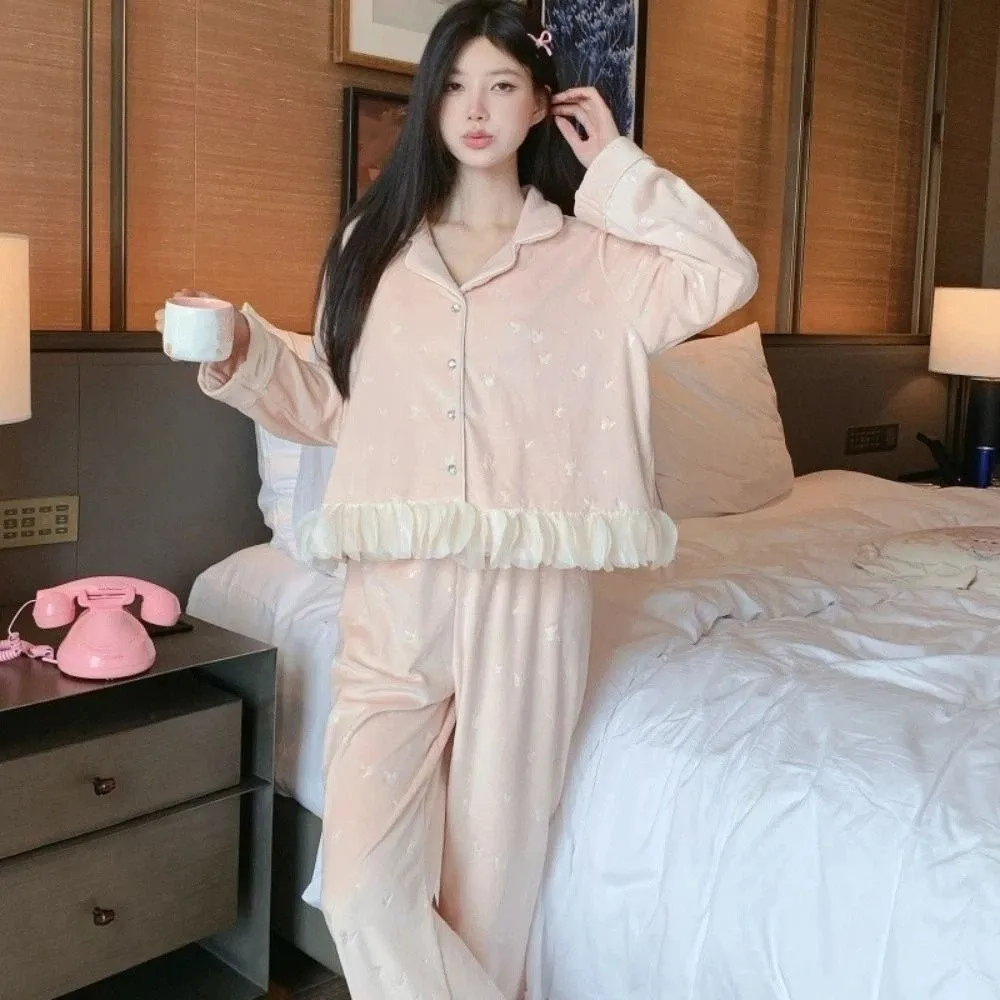 Ins Long Sleeve Bow Pajamas Set Sweet Ruffle Velvet Pajamas Suit Casual Home Wear Warm Thicken Sleepwear Girl