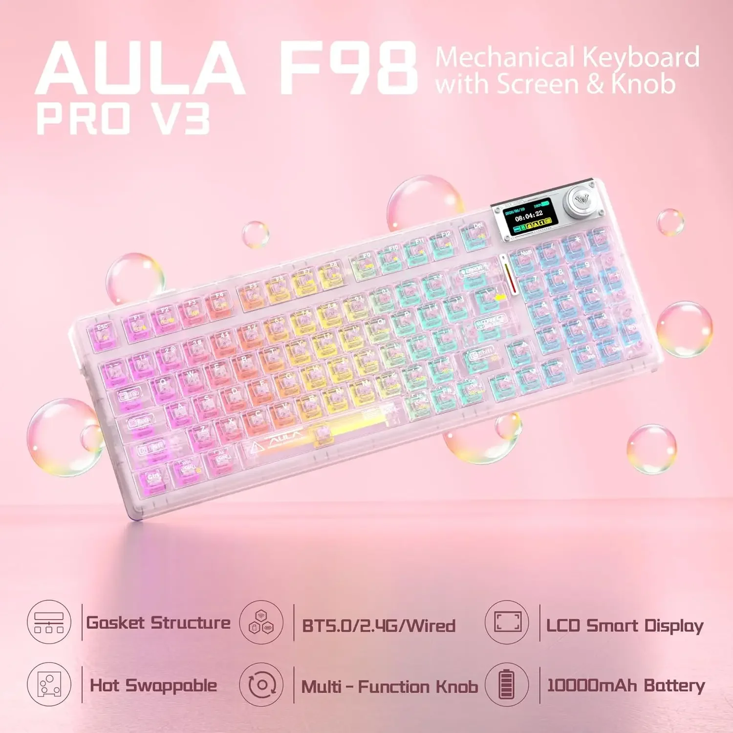 AULA F98 Pro V3 TFT Screen Tri-Mode Wireless Mechanical Keyboard RGB Backlit Hot-swap Gasket Structure 98% Layout Transparent Ke