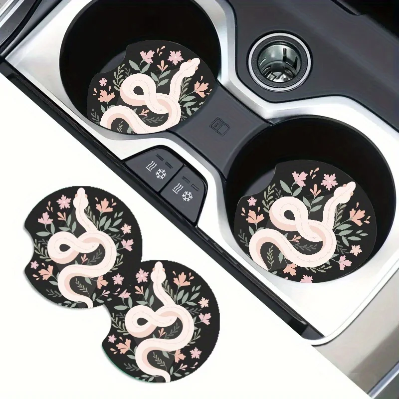 2pcs Bohemian Style Floral And Snake Skin Acrylic Car Coasters - Cute Witchy Drink Holders, Adorable Car Additions For Vehicle D