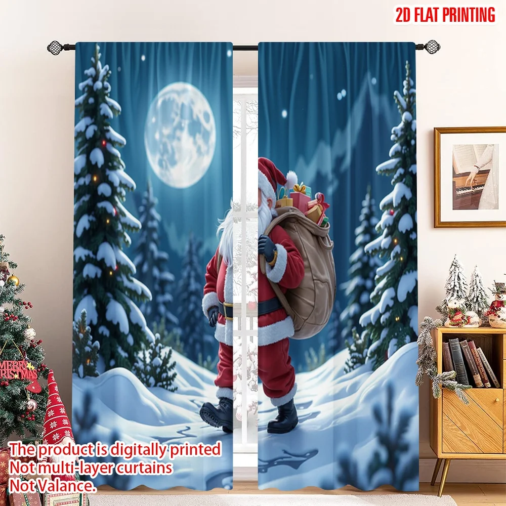 

2pcs 2D flat printing Christmas Curtain Santa Claus Walking Snowy Moonlit Night 100% Polyester Without Electricity Party &