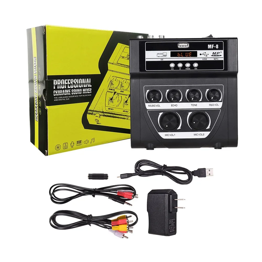 미니 가라오케 사운드 오디오 믹서 스테레오 에코 믹서 듀얼 마이크 입력 지원 BT 녹음 MP3 TV PC 스마트 폰 앰프