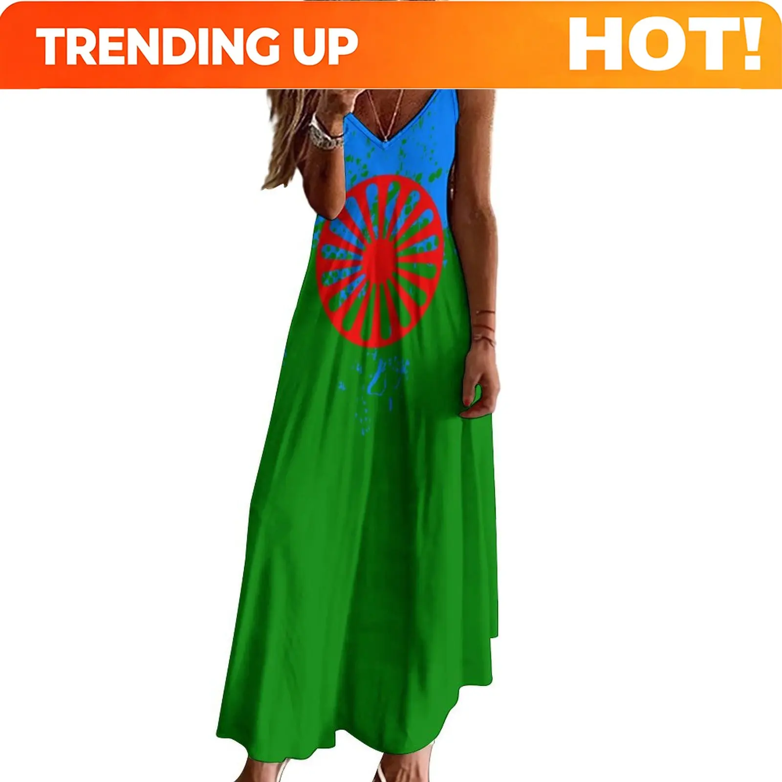 Custom Long Dresses Dress Roma Romani Gypsy Flag Print New Casual Sleeveless Women's V-Neck Printed Dress Swing Retro Dresses
