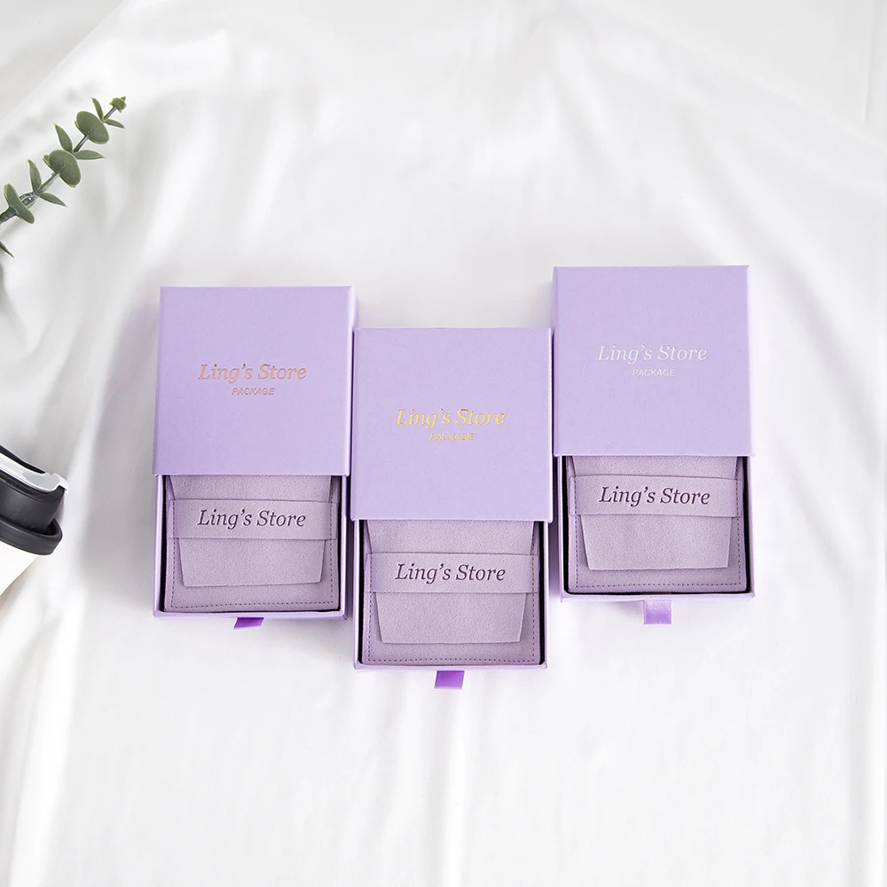 24Sets Custom Logo Violet 9x9x2.5cm Jewelry Gift Box 8x8cm Microfiber Envelope Bag Suede Velvet Rings Earrings Organizer Pouches