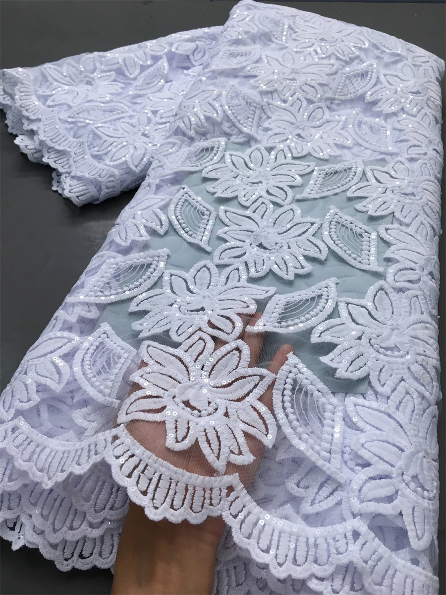 White African Guipure Cord Lace Sequins Fabrics High Quality Water Soluble Lace Embroidery Party Dresses For Women,5yards 4043