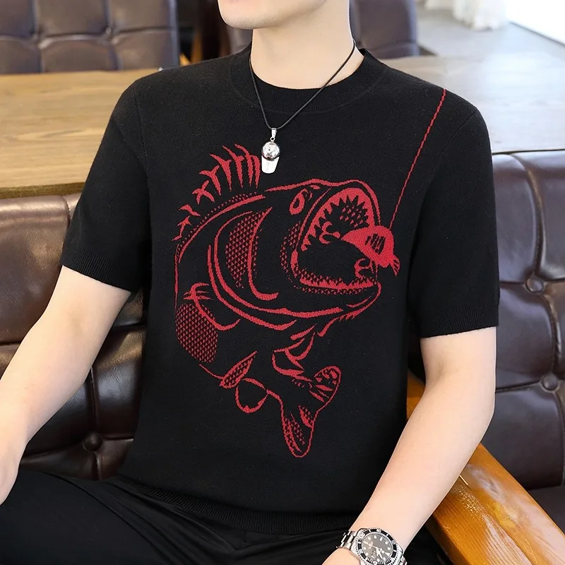Light Luxury Pattern Jacquard O Neck Knit T Shirts Autumn Short Sleeve Korean Popular Retro Knitwear Pullover Social Streetwear image 4