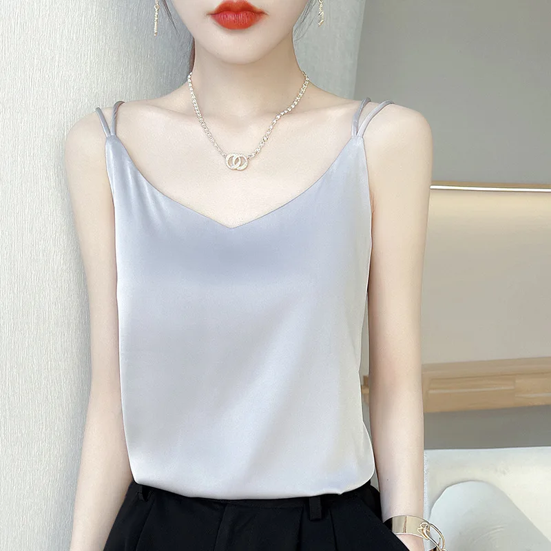 Spring Summer Autumn New Imitation Silk Acetate Satin Sling Double-Shoulder Strap Back Cross Tank Top Suit Inner Match Small Shi