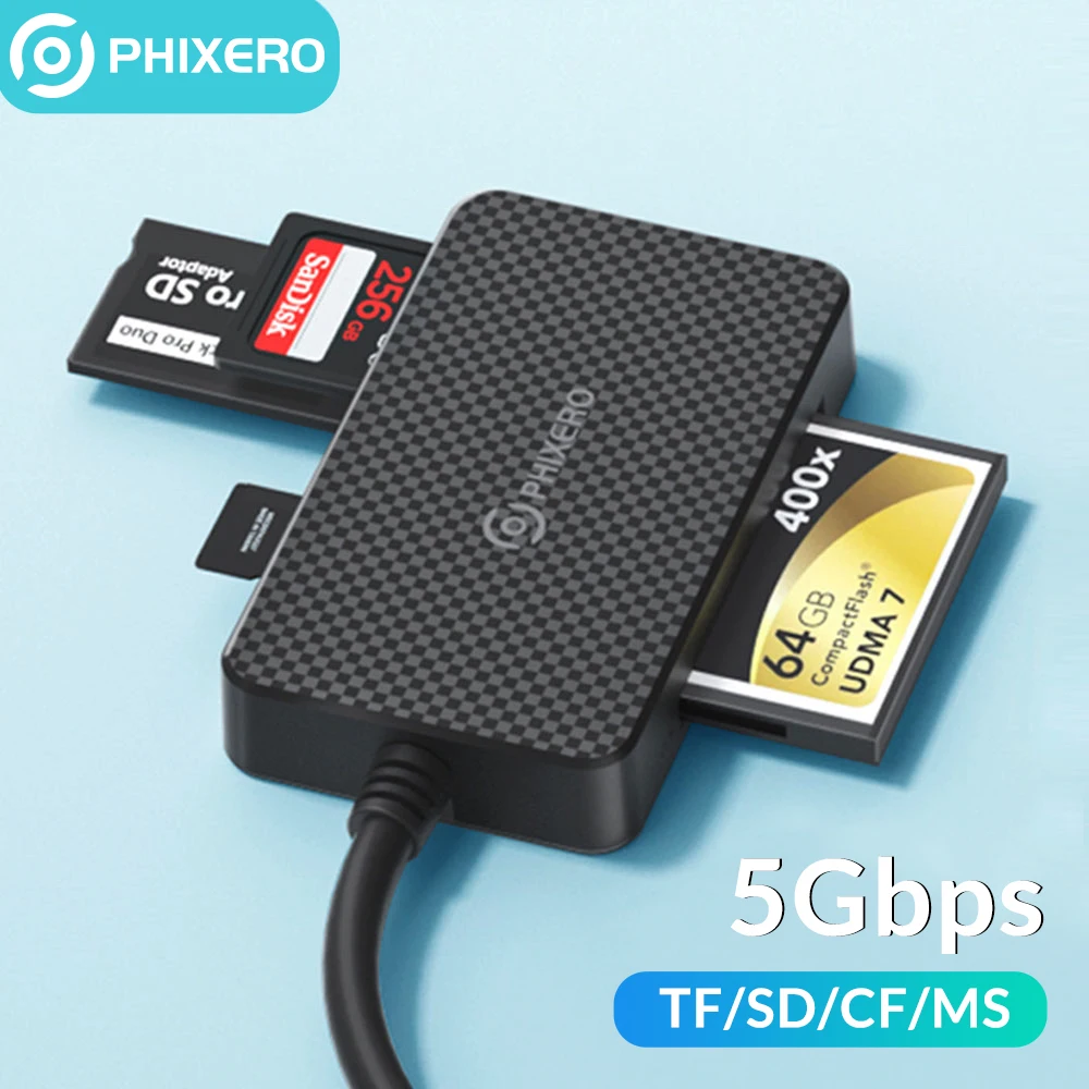 PHIXERO 멀티 USB 3.0 메모리 카드 리더, 4 in 1 마이크로 SD TF CF MS 커넥터 어댑터, PC 카메라용 C타입 마이크로 스틱 스위치, 2TB