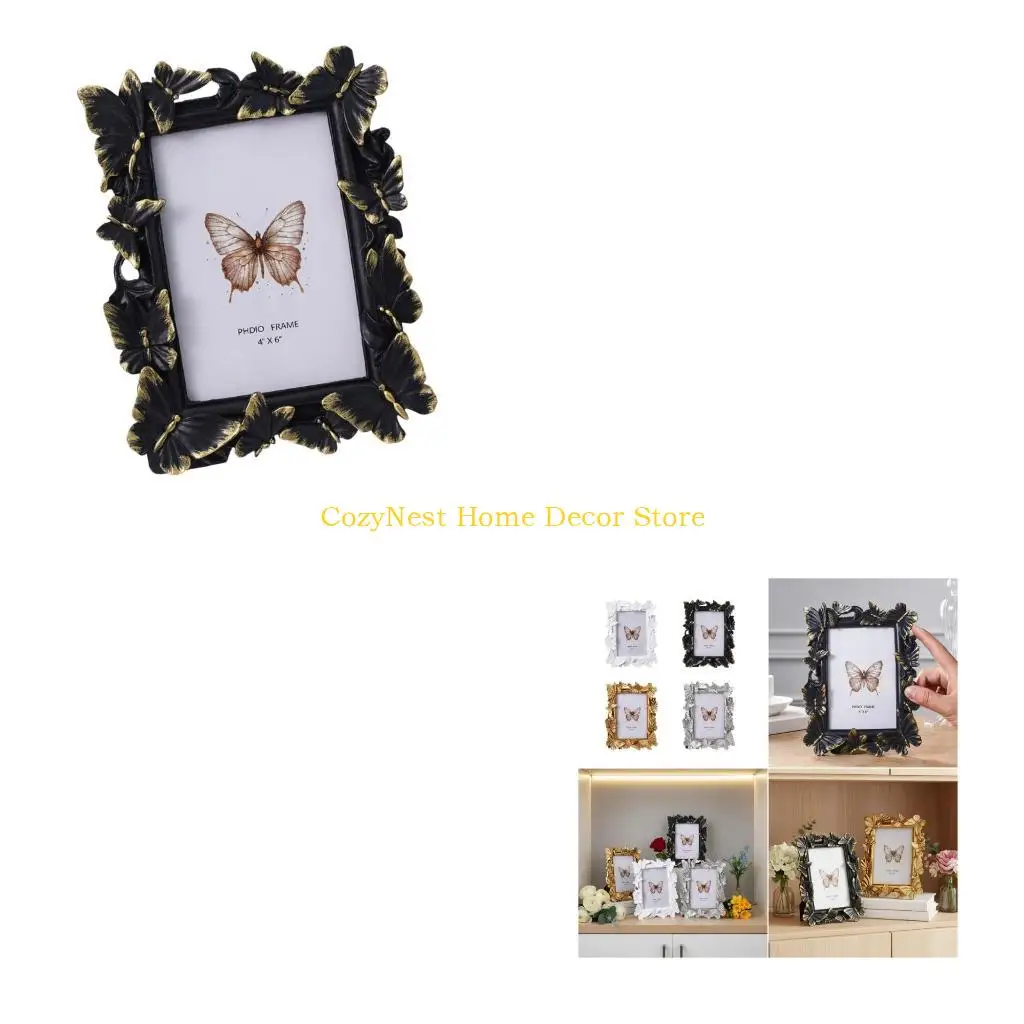 92MF Classical Ornate Photo Frame Feature Multilayer Butterfly Carvings Resin Memorable Frame Stylish Embossed Shelf Decors