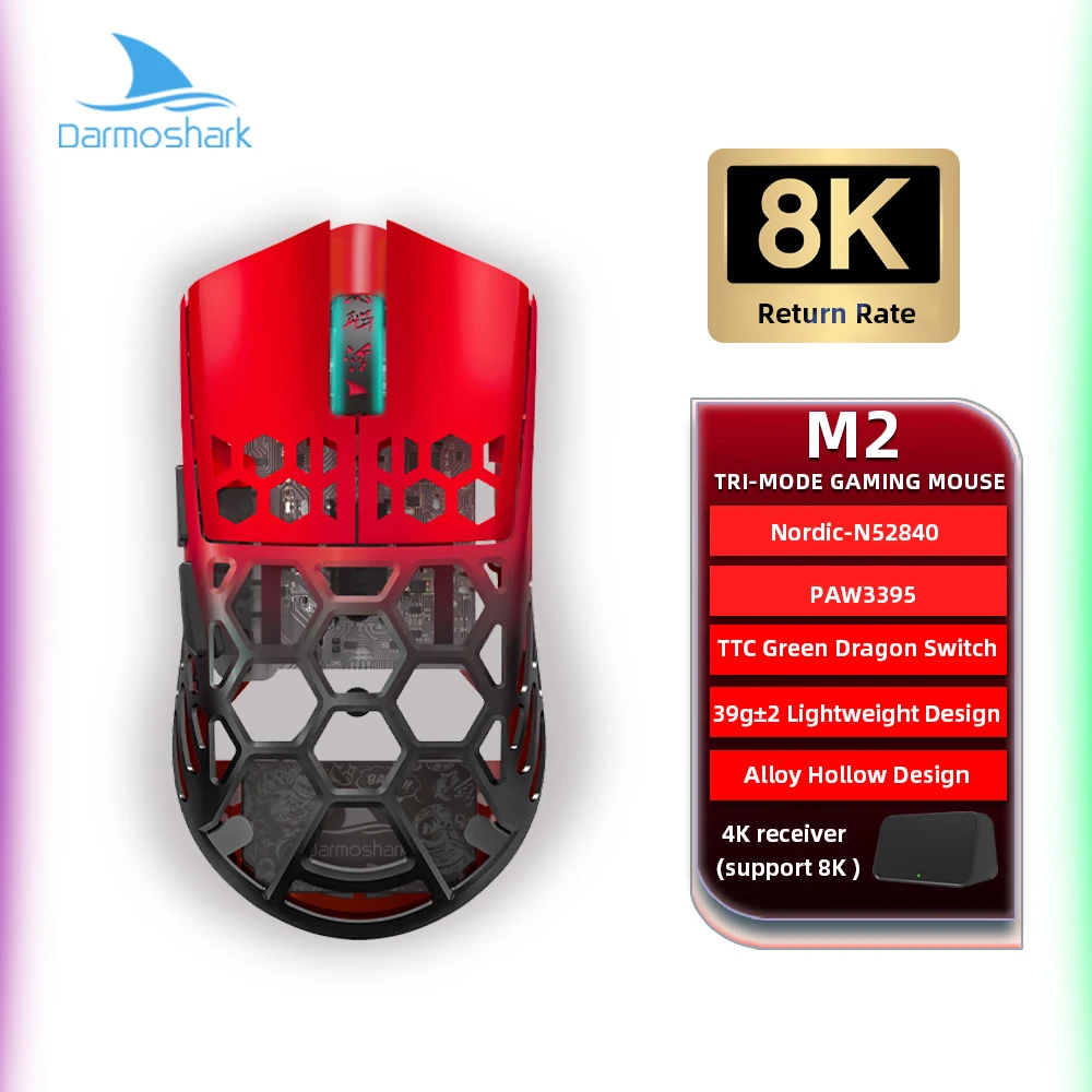 

Darmoshark M2 8K Gaming Mouse Wireless Bluetooth PAM3395 N52840 26000 DPI 38g Hollow Design With 4K Receiver For Computer Laptop