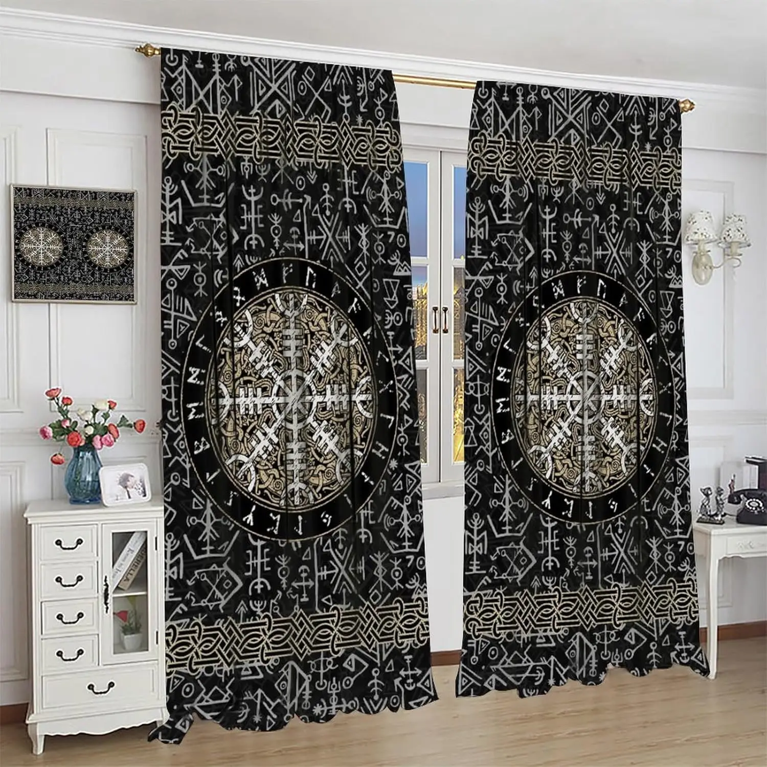 Viking Art Curtains, Mysterious Old Norse Mythology Viking Runes Primitive Shield Totem Window Treatments Rod Pocket Drapes for