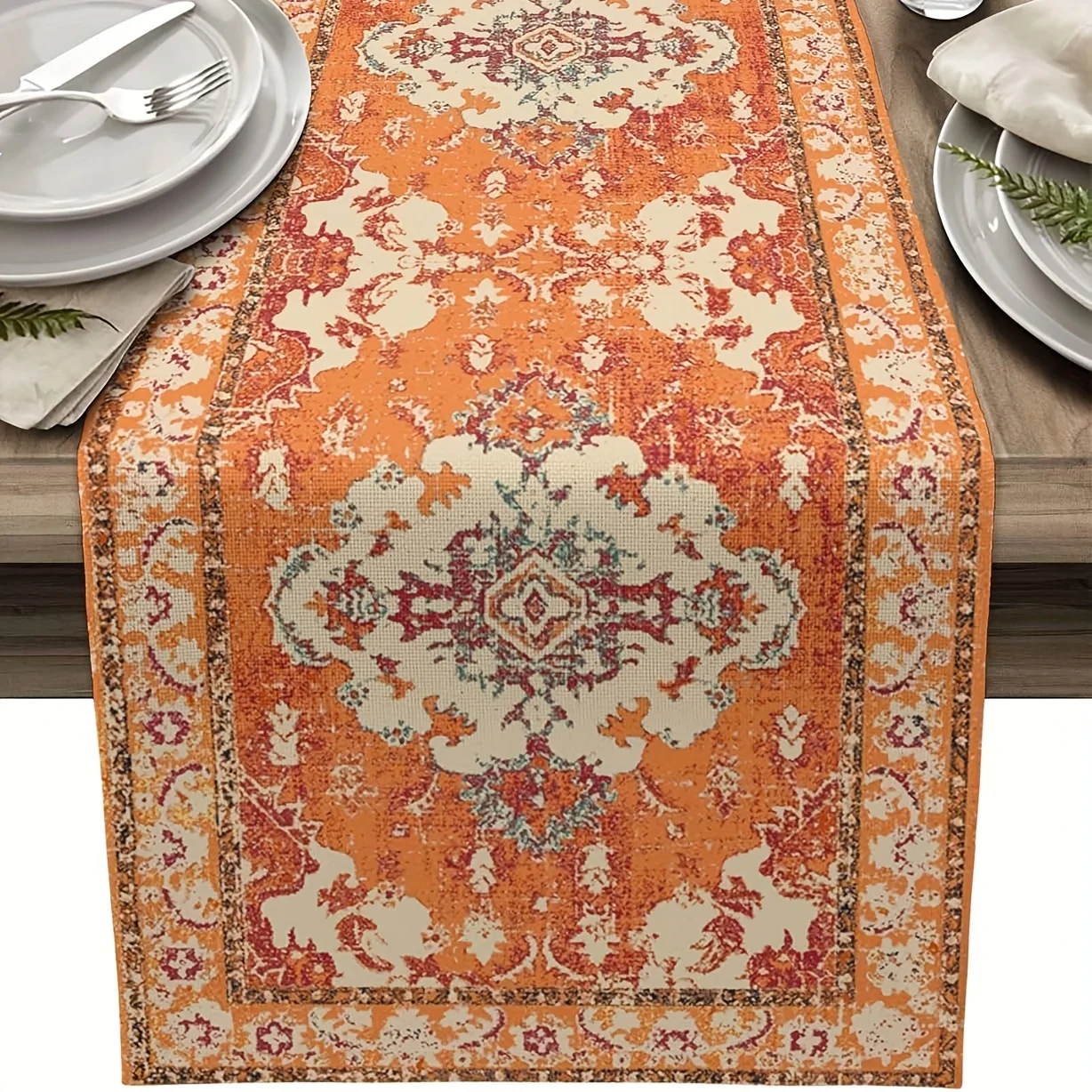 Bohemian Linen Table Runner | Vintage Tribal Design | Burnt Orange with Pink/Blue/White Accents Dining Room Kitchen Party Decor