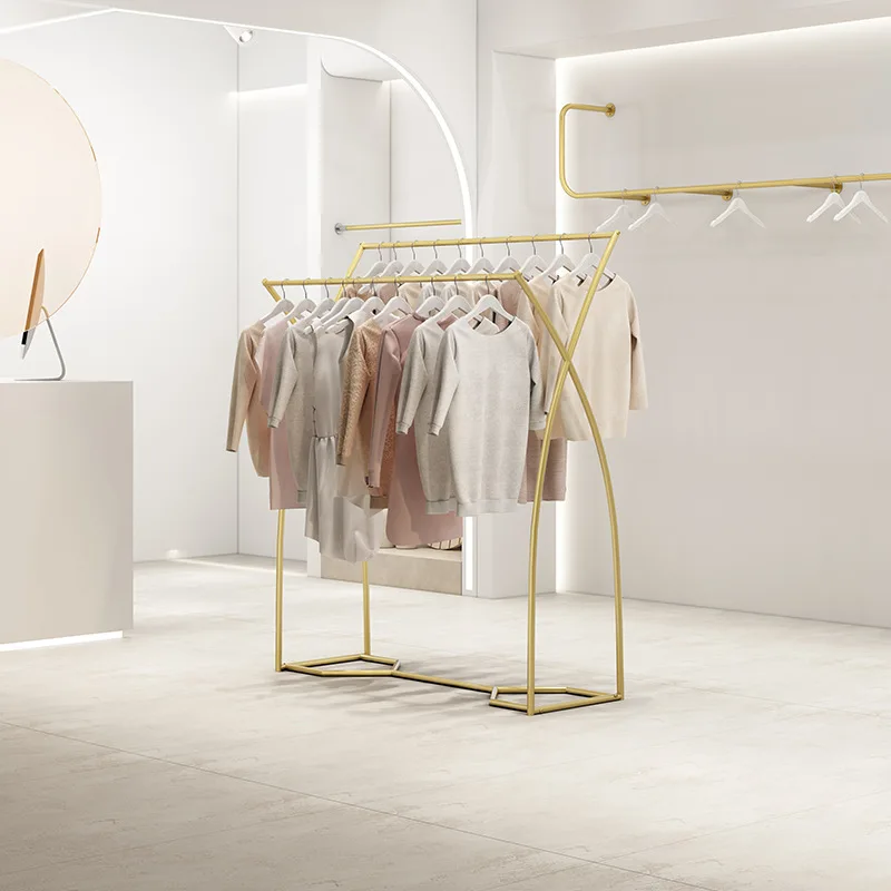 Clothing store display rack Floor-to-ceiling hanger Simple double-row shelf Children's clothing Middle shelf Parallel bar side