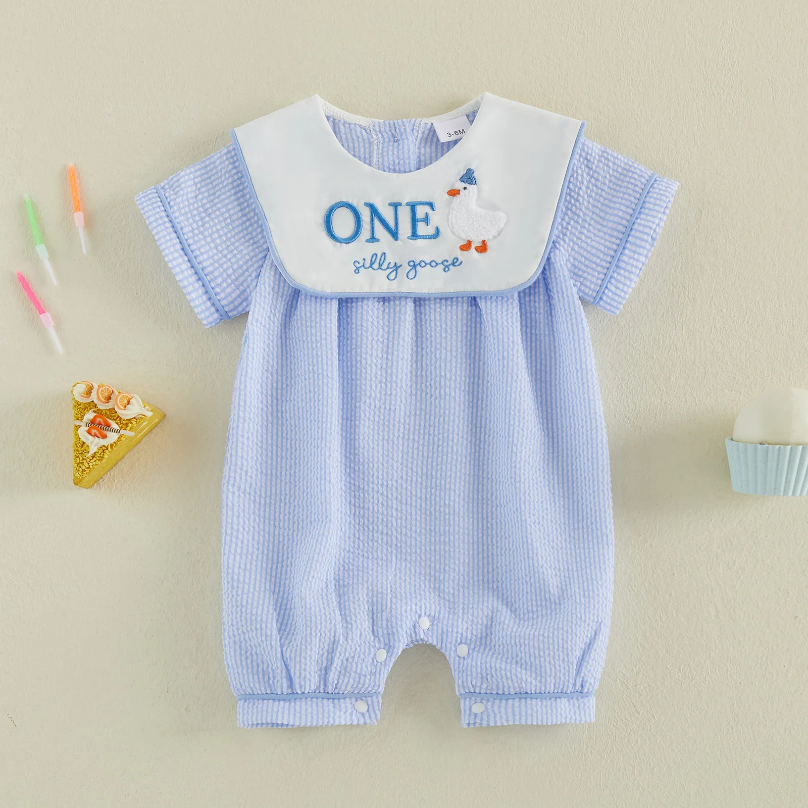 Infant Baby First Birthday Romper Summer Letters Goose Embroidery Short Sleeve Striped Jumpsuit