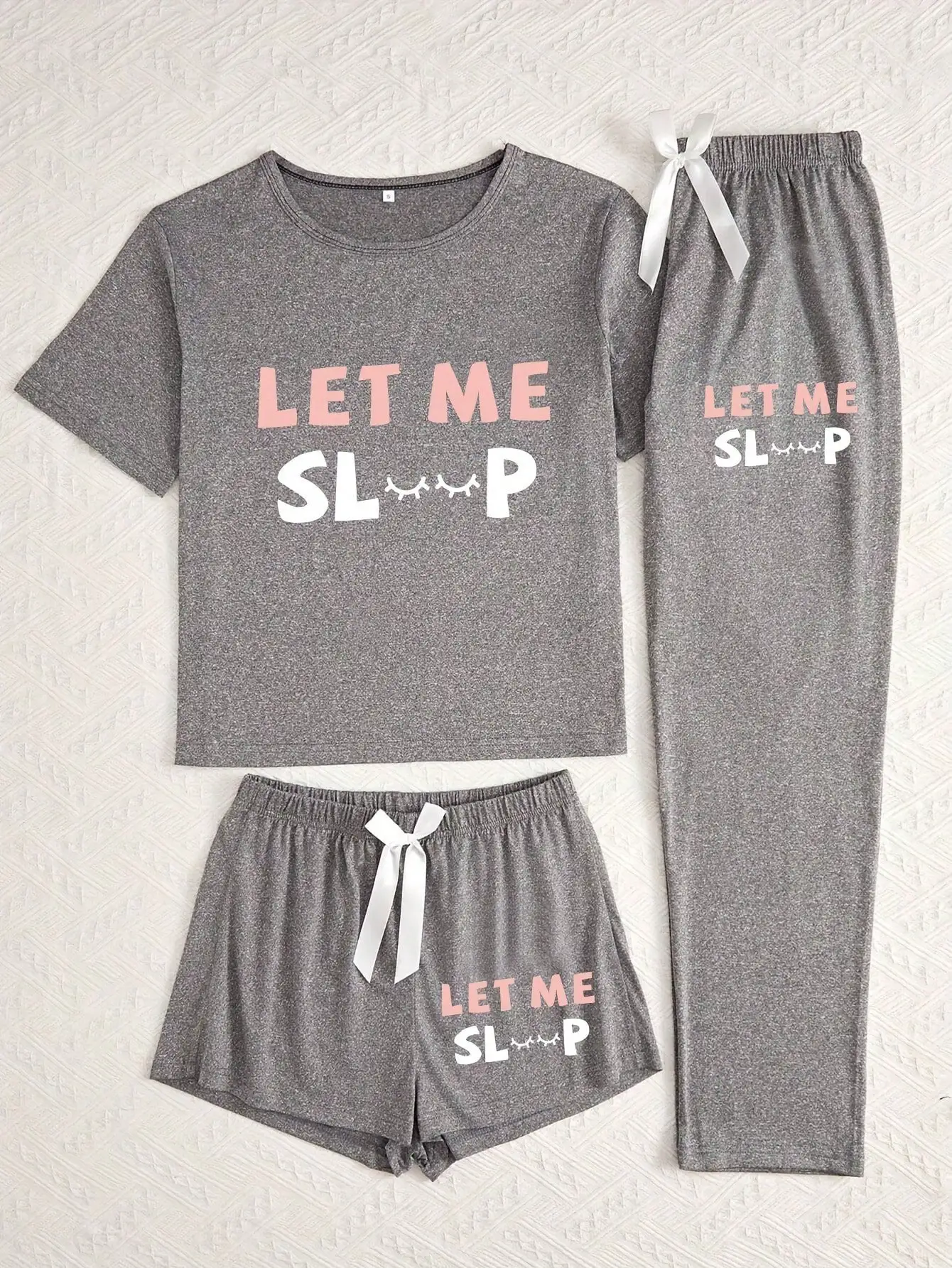 

3-Piece Women's Sleep Set: Short Sleeve Top + Shorts + Pants with 'Let Me Sleep' Print