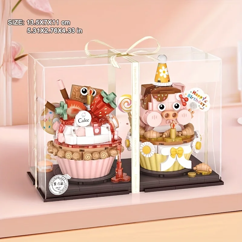 2023 Cute Food Pastry Chocolate Mousse Cake: Build a Bear with Blueberry & Strawberry Pig Mini Blocks!