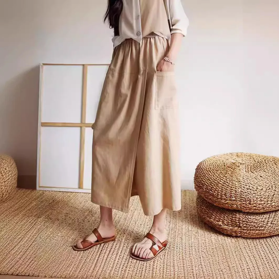 

SuperAen 2024 Japan Korea Spring New High Waist Cotton Linen Split Wide Leg Trouser Simple Pocket Linen Loose Pants