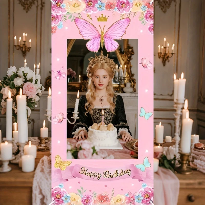 1 Stück, 2D flacher, rosa Schmetterlings-Geburtstagsparty-Hintergrund, Blumen- und Schmetterlingsmuster, Geburtstagsdekoration, Party-Fotorequisite, wsj