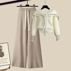 Winter Knitted 2 Pieces Sets For Women Outfits Korean Casual Sailor Collar Knitted Cardigans+drawstring Wide Leg Pants Sets 2024