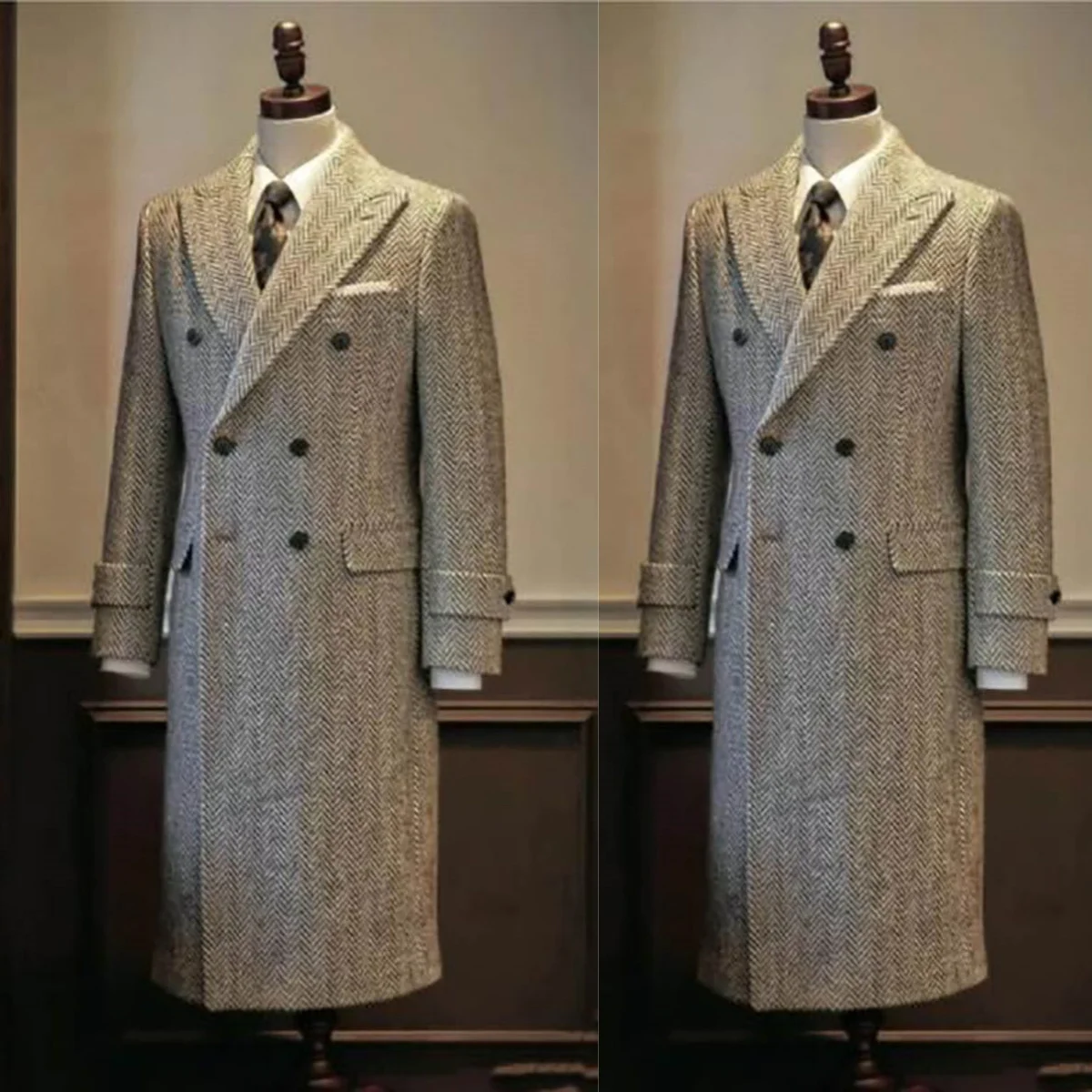 Wool Tweed Winter Coat For Men Herringbone Classic Fit Formal Groom Wear Wedding Male Long Jacket Customized