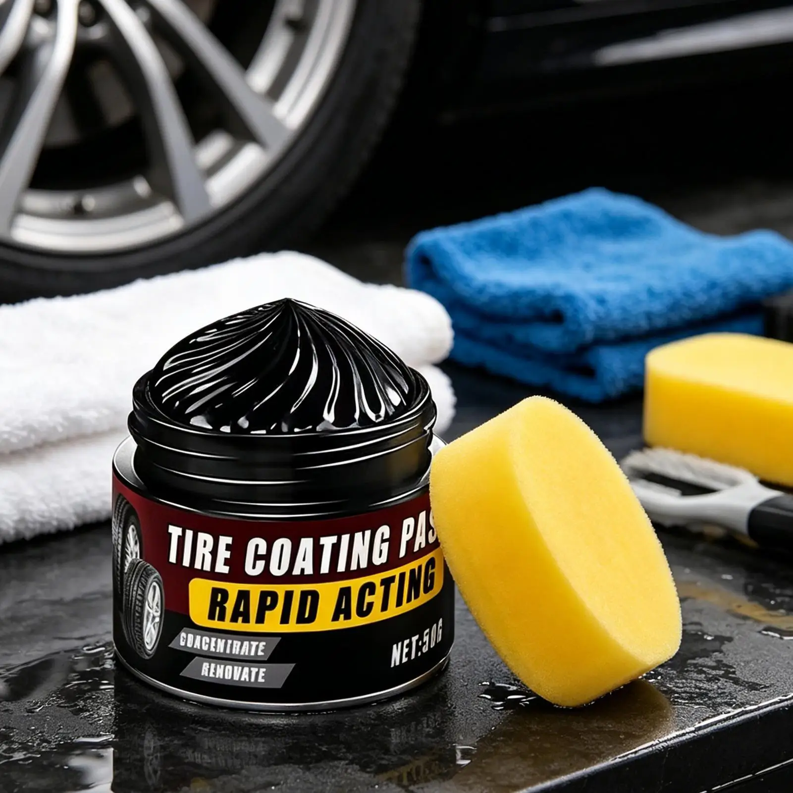 Tire and Trim Restorer Paste 50g with Sponge Black Plastic & Rubber Renewer Automotive Detailing for Car Wheels, Men & Women
