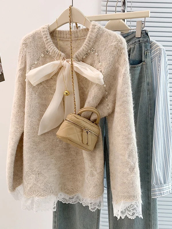 Schlankheitseffekt, schwere Verzierung, Spitze, große Schleife, Oulder-Pullover, koreanisches Sle Long Sve, rundes, gestricktes Top für Damen